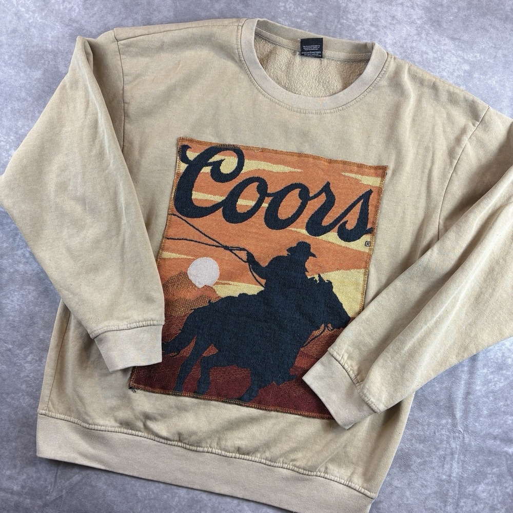 Coors Original Sweatshirt‎ Mens M Beige Embroidered Patch Western Cowboy